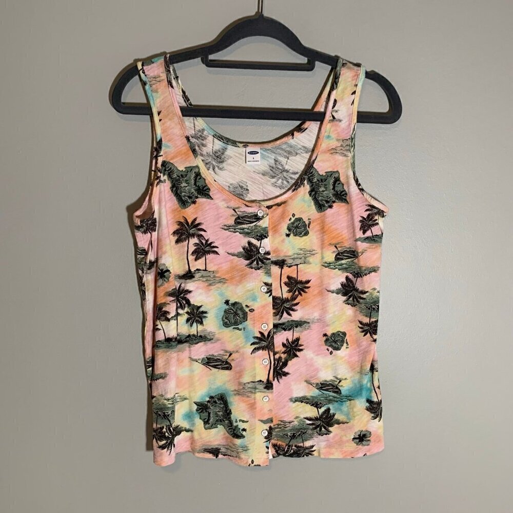 5/$25 Old Navy Tank Top Women Small Multi-Color Tropical Island Palm Tree Button